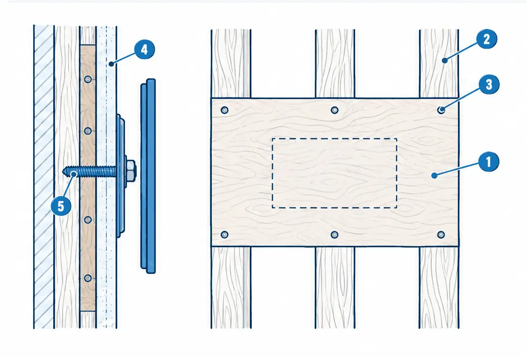 Diagram: side section and front view of a wall frame with a plywood panel fastened across the studs under the drywall, a wall plate with lag bolts into the panel, and a dashed TV outline smaller than the panel