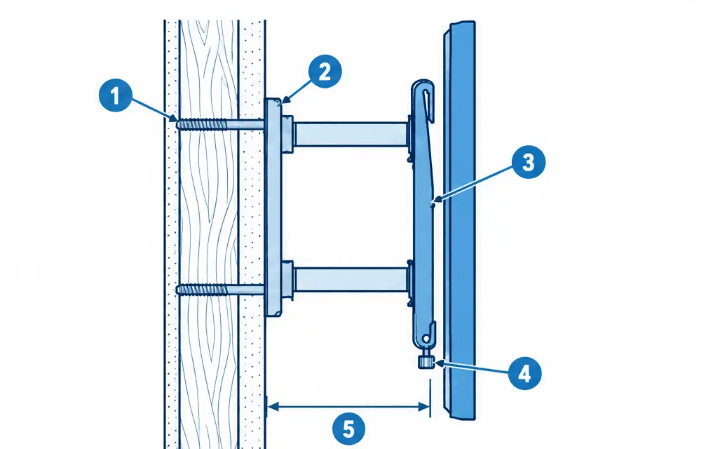 Diagram: side section of a fixed low-profile TV mount lag-bolted into a wood stud