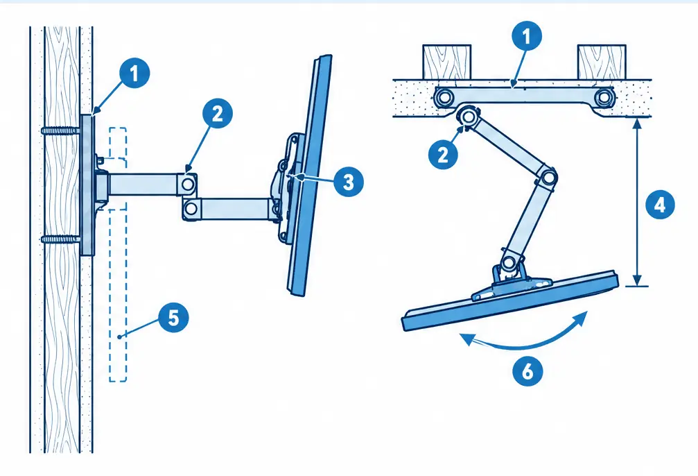 Diagram: side and top views of a full-motion TV arm anchored across two studs