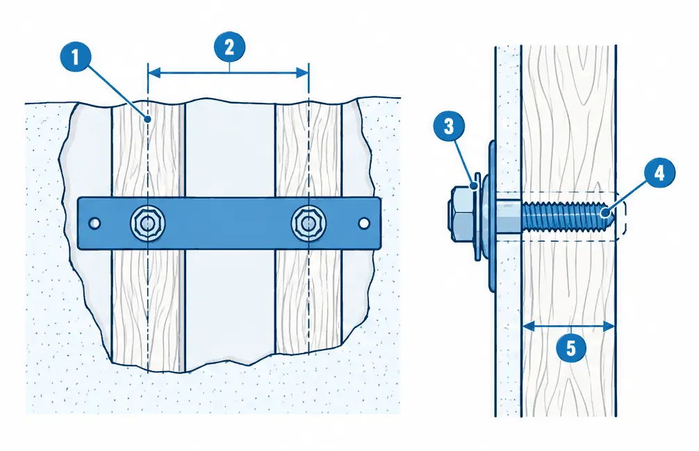 Diagram: front cutaway of a wall plate spanning two wood studs with a lag bolt in each, and an enlarged side section of one bolt biting into the stud