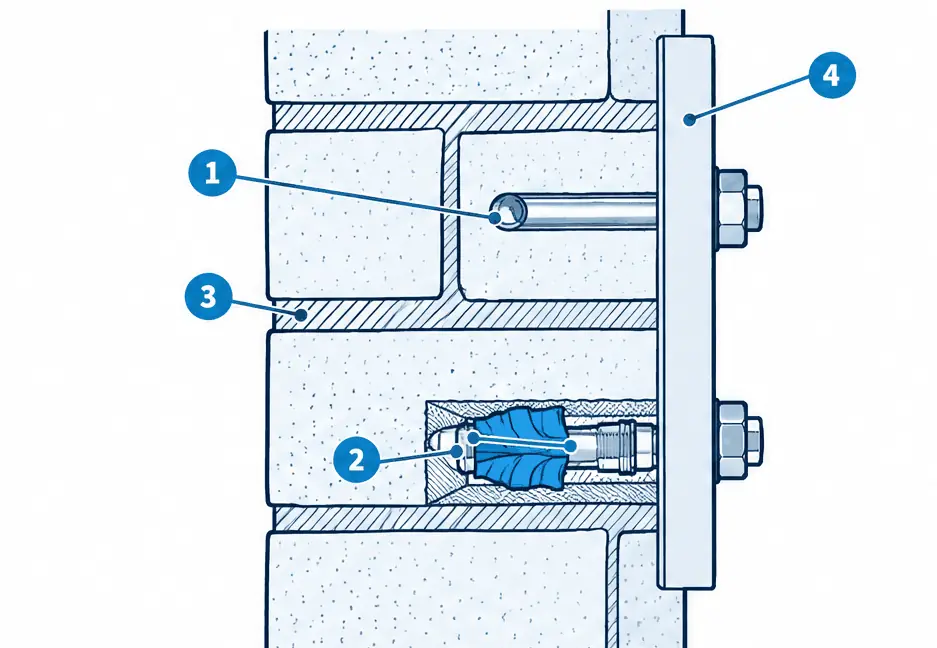 Diagram: side section of a brick or stone wall with a plate held by sleeve anchors set in the body of the brick, one cut away to show the expanded sleeve, and a mortar joint beside