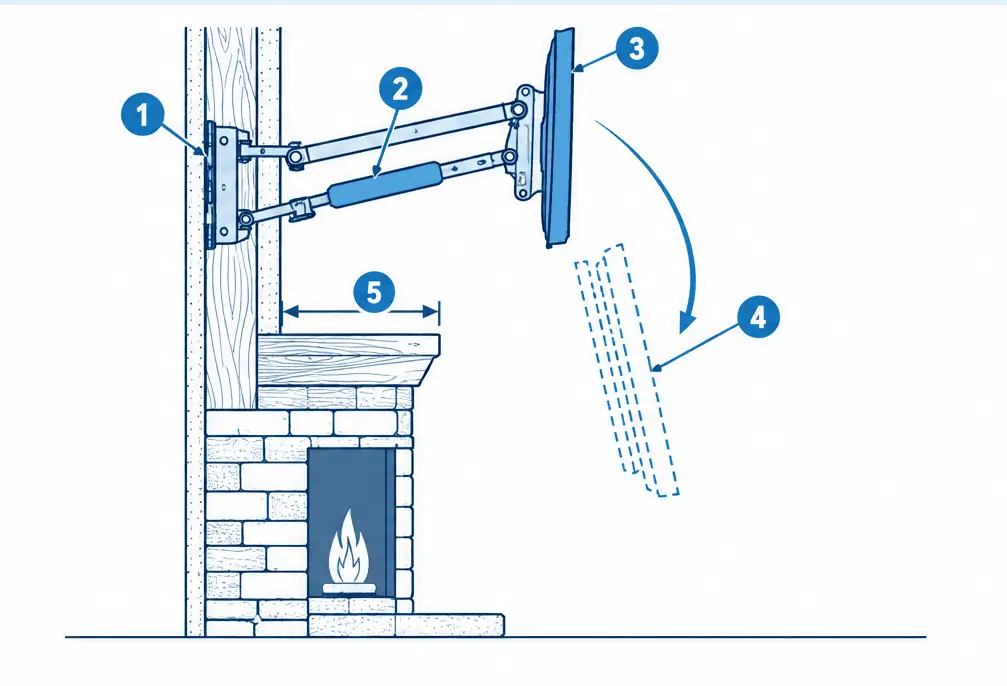 Diagram: side section of a pull-down fireplace mount lowering the TV in front of the mantel