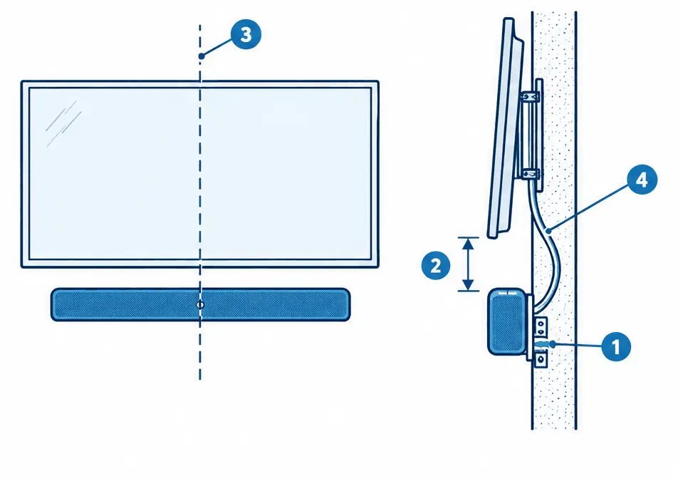 Diagram: front and side views of a wall-mounted TV with a soundbar on its own bracket below it, a gap between them, and short cables tucked behind the bar