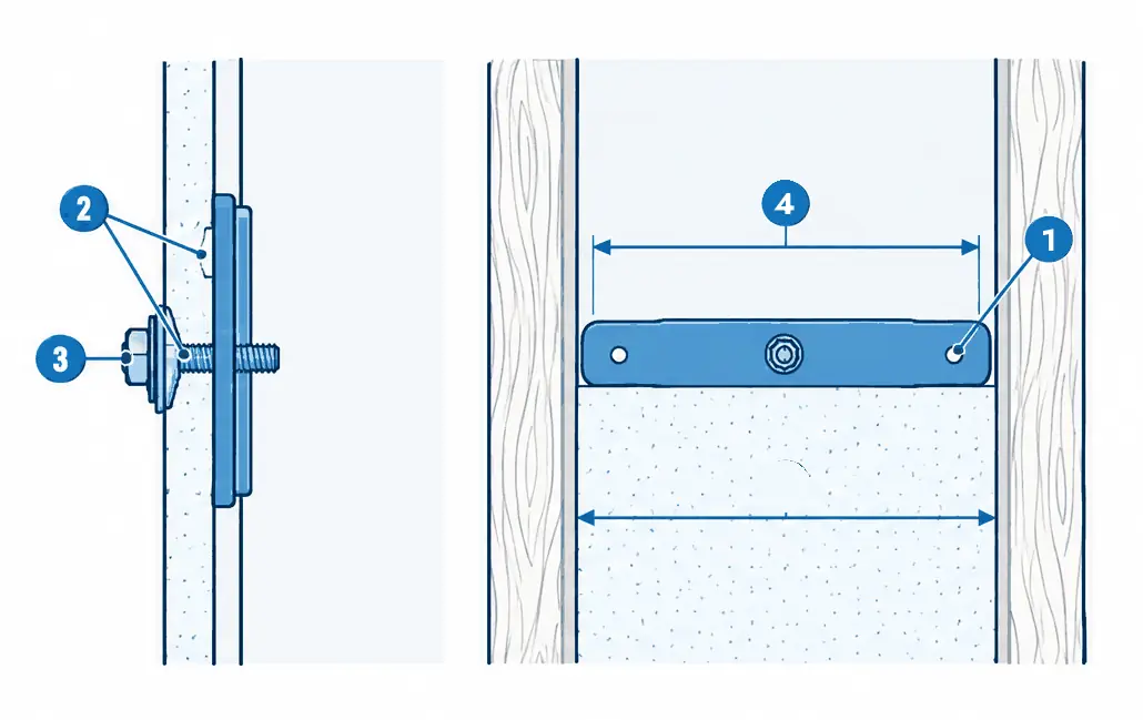 Diagram: side section and cavity view of a strap toggle anchor, a flat steel channel lying flat across the back of the drywall held by a machine bolt through a wall plate