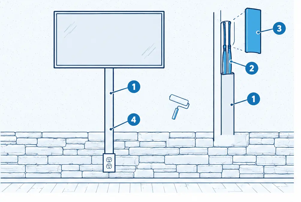 Diagram: front view of a stone or plaster-finish wall with a TV, a slim paintable raceway running straight down from behind the TV to an outlet, and a cutaway of the raceway showing the cables inside