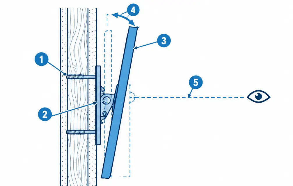 Diagram: side section of a tilting TV mount angling the screen down