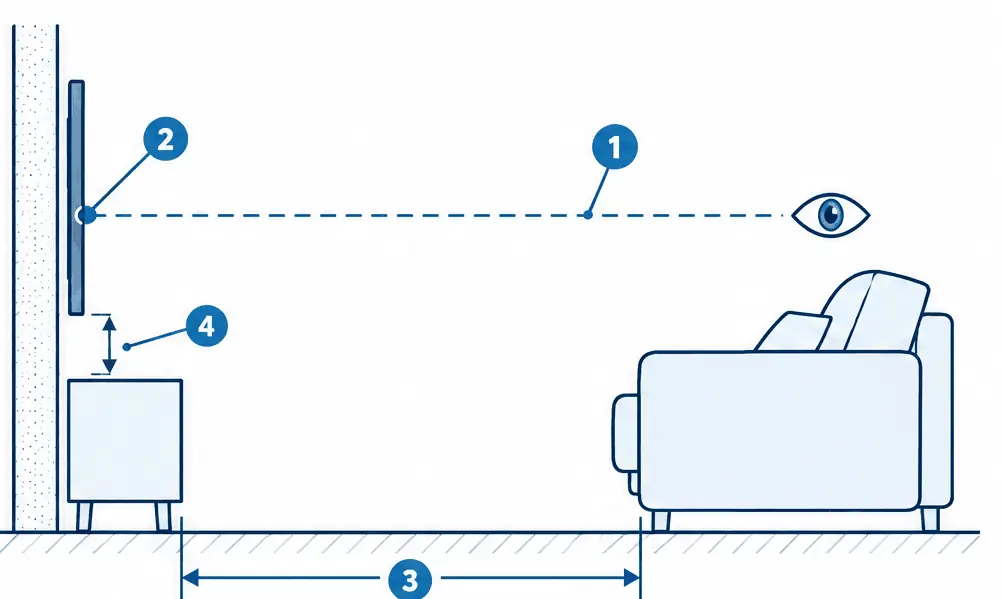 Diagram: side view of a living room with a sofa, a seated eye line, a TV on the wall with the screen center near the eye line, a console below it and a viewing distance line