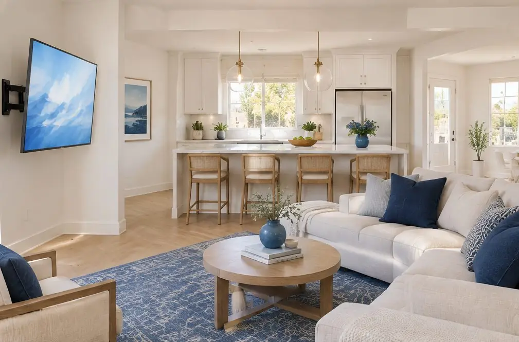 Illustration: a TV on a full-motion arm extended toward a sofa from a corner wall in a bright open-plan room with a kitchen counter