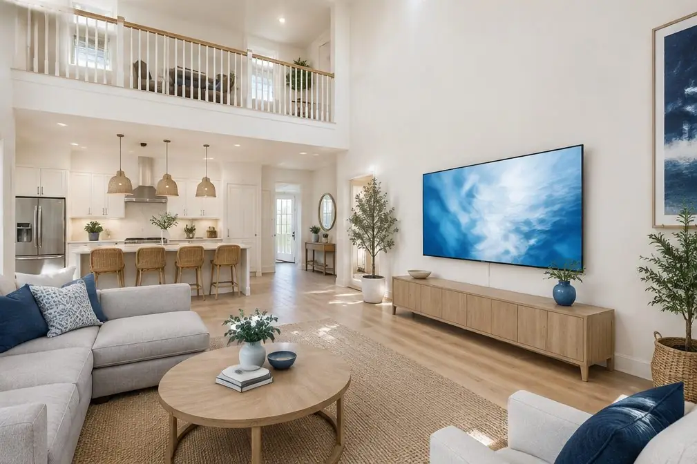 Illustration: a large TV on a tall pale wall of an open-plan great room with a loft railing above, a gray sectional and a kitchen island in the background