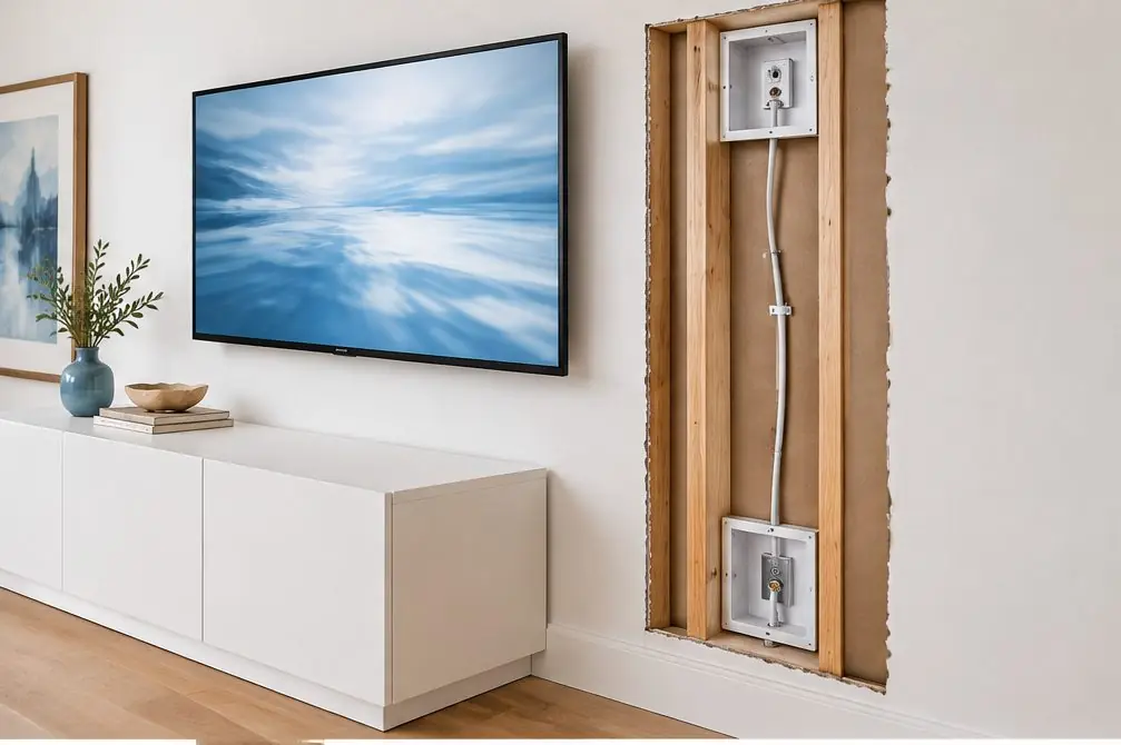 Illustration: a wall cutaway showing a TV, an upper recessed box, a cable in a stud bay and a lower inlet box beside a low cabinet