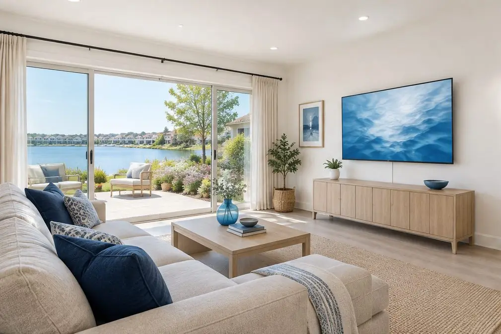 Illustration: a TV on a living-room wall of a lake-community home with a sliding glass door open to a patio and a small garden beyond