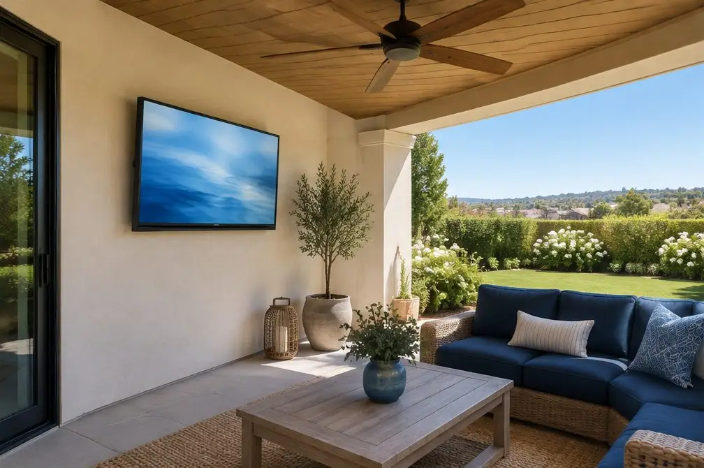 Illustration: an outdoor-rated TV on a stucco wall under a covered patio with a wicker sofa, a ceiling fan and a green lawn beyond