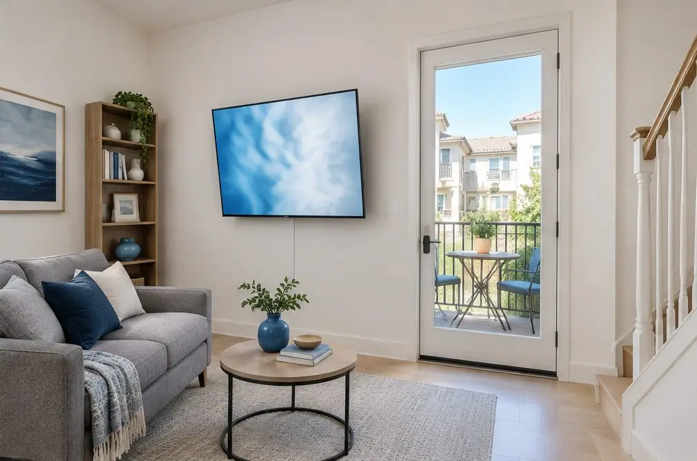 Illustration: a TV on an interior partition wall of a compact townhome living room with a gray sofa, a small balcony door and a bookshelf