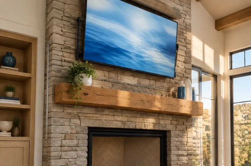 Illustration: a TV above a ledger-stone fireplace and a wood mantel in a bright Lake Forest great room with a pull-down arm visible at one side