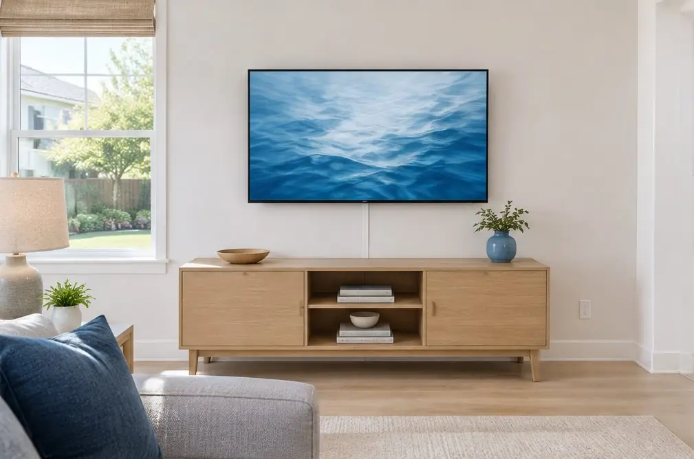 Illustration: a 55-inch TV on a fixed wall mount above a pale oak console in a bright Lake Forest living room with a gray sofa and a window to a small yard